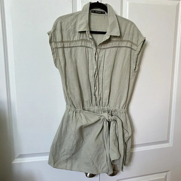 Zara Sage Green Linen Tie Front Romper Lace Khaki Womens L Neutral - Picture 2 of 9